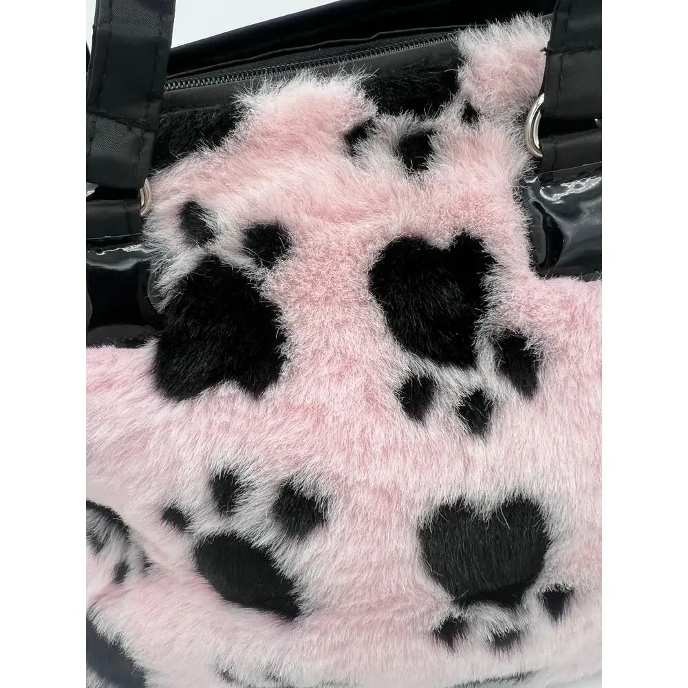 Pink Faux Fur Pet Carrier with Paw Print Design - Picture 3 of 6